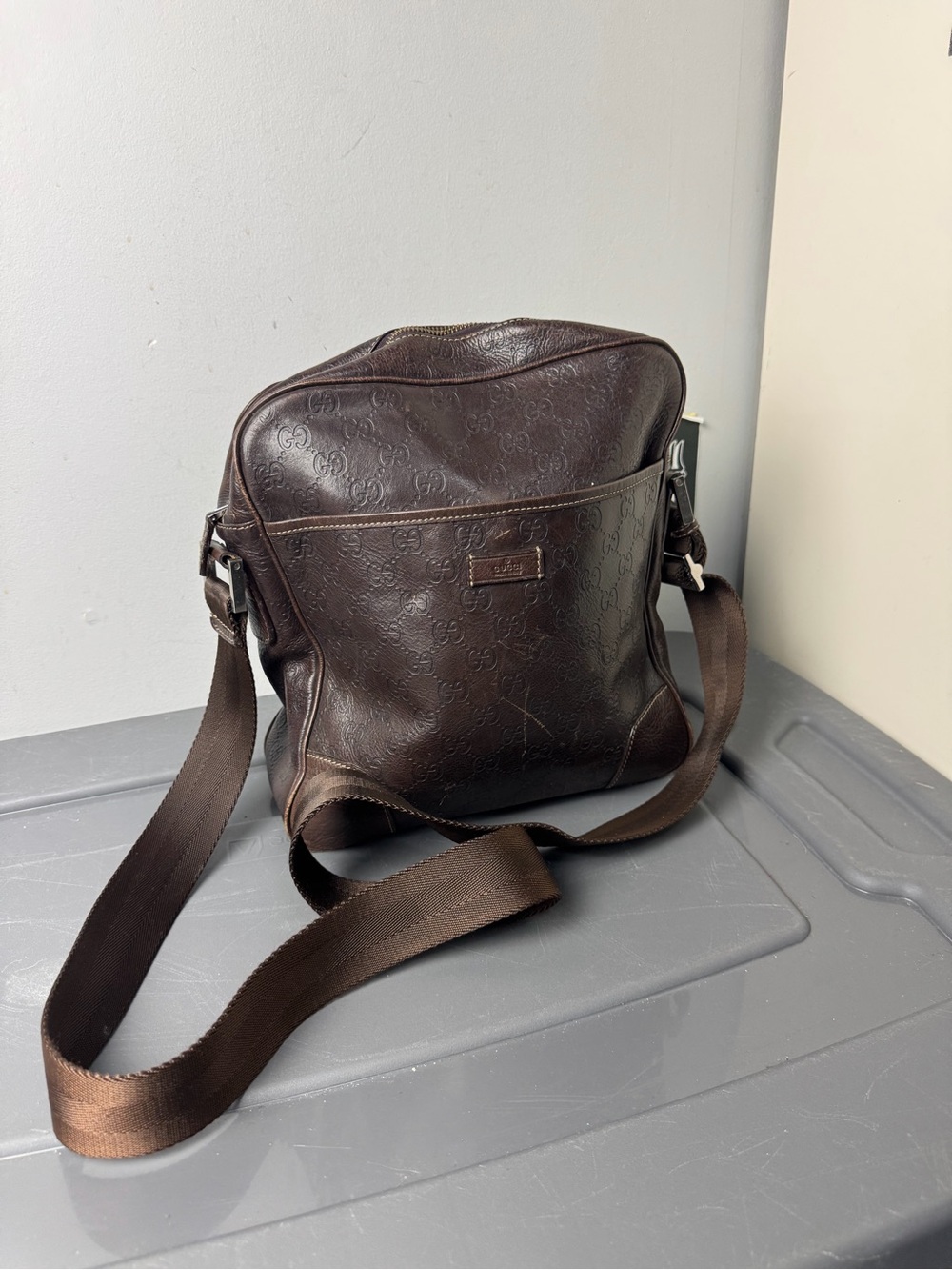 Gucci Dark Brown Embossed Leather Messenger Bag